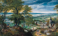 Mercury playing the flute as Argus falls asleep and Mercury slaying Argus, a village and a river valley beyond - Hans Bol