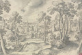 A distant view of a town, with a wooded road in the foreground - Hans Bol