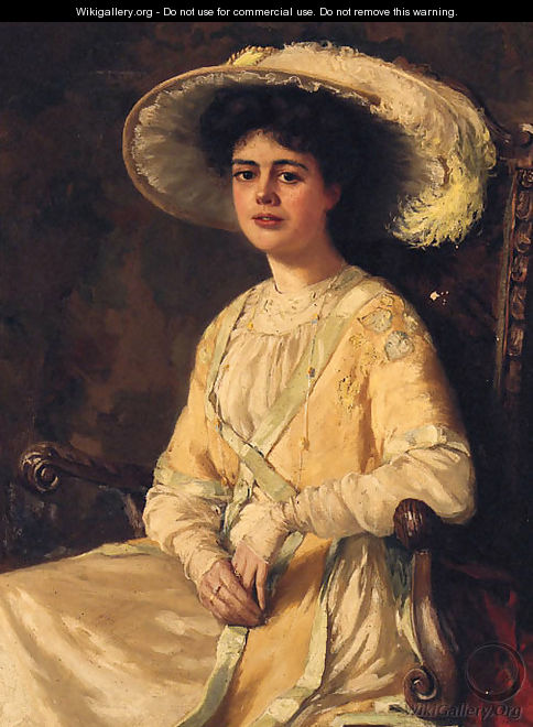 Portrait Of An Elegant Lady, Seated Three-Quarter-Length, Wearing A Plumed Hat - Hans Dahl