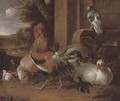 A cockerel, hens and pigeon by a wall, a landscape beyond - Melchior de Hondecoeter