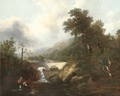 Anglers before a waterfall and bridge - Richard Hume Lancaster