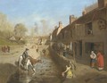 Figures by a village stream with figures by terraced houses - Francis Danby