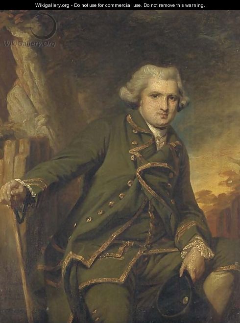 Portrait of Sir William Langham, small three-quarter-length, in a green suit with gold trim, holding a tricorn in his left hand - Francis Coates Jones