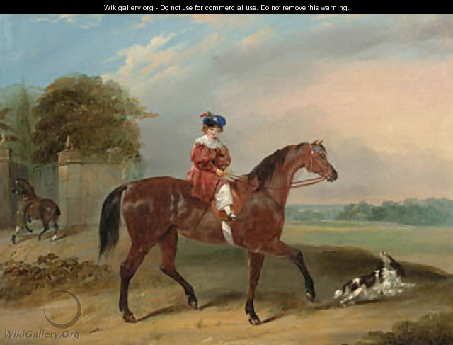 A child on a bay horse with a spaniel outside the grounds of an estate - Francis Calcraft Turner
