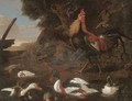 Cock, a hen, ducks and ducklings in a river landscape - Francis Barlow