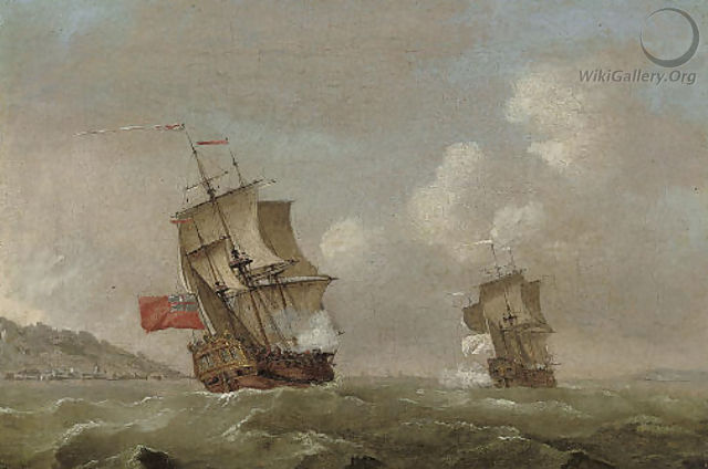 An English warship pursuing a Frenchman up the coast - Francis Swaine