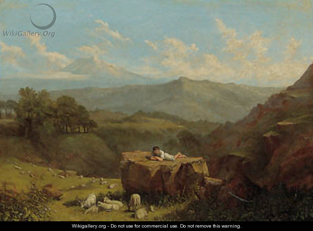 A Shepherd Boy with his Flock, in an extensive mountainous landscape - Francis Stevens