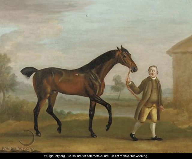 A bay hunter and a groom in a landscape - Francis Sartorius