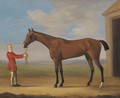 Sir Patrick Blake's Sir Anthony held by a groom by a stable in a landscape - Francis Sartorius