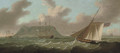 A view of Gibraltar from the south with H.M.S. Ajax anchored in the bay and the armed cutter Frisk approaching her stern - Francis Sartorius
