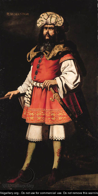 Portrait of King Almanzor, full-length, in a red tunic and fur cape, a sword in his left hand - Francisco De Zurbaran