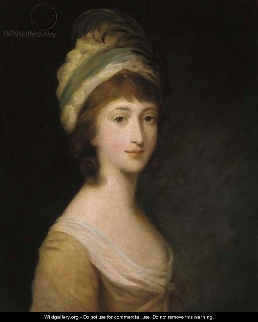 Portrait of Miss Anne Crawley, bust-length, in a yellow dress and feathered cap - Francis Wheatley