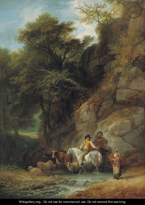 Figures and livestock at a woodland pool in Hawkstone Park, Shropshire - Francis Wheatley