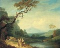 A river landscape with figures and cattle on a road - Francis Wheatley