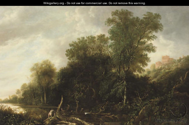 A wooded landscape with nymphs bathing in a river - Francis Van Knibbergen