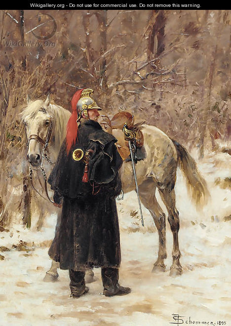 A French trumpeter standing by his mount in a winter landscape - Francois Schommer