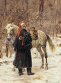 A French trumpeter standing by his mount in a winter landscape - Francois Schommer