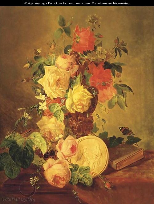 Butterflies by a mixed bouquet with roses - Francois-Joseph Huygens