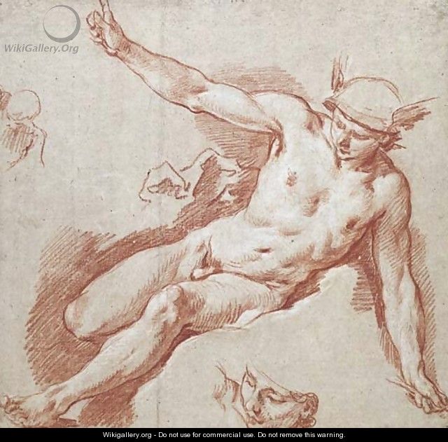 Mercury reclining on a cloud, pointing to the sky with his left arm, with subsidiary studies of his head and shoulder - François Boucher
