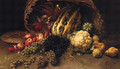 Grapes, Apples, Pears, Onions, Cauliflower And Marrows Beside An Upturned Basket On A Table - Franck Kirchbach