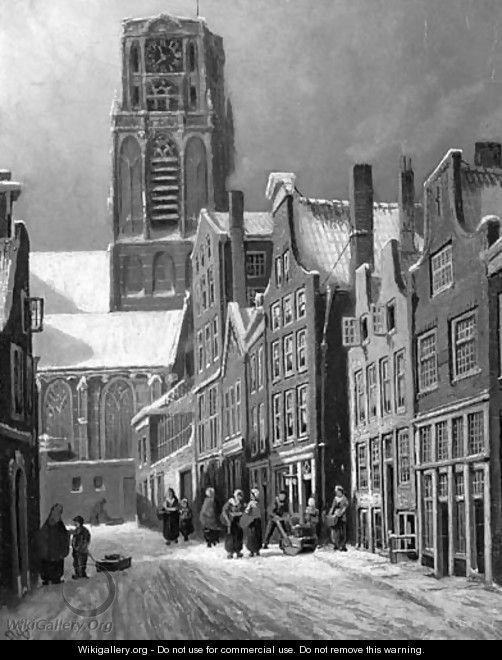 A view of a snow-covered street, Rotterdam, with the St. Laurenskerk in the distance - Franciscus Lodewijk Van Gulik