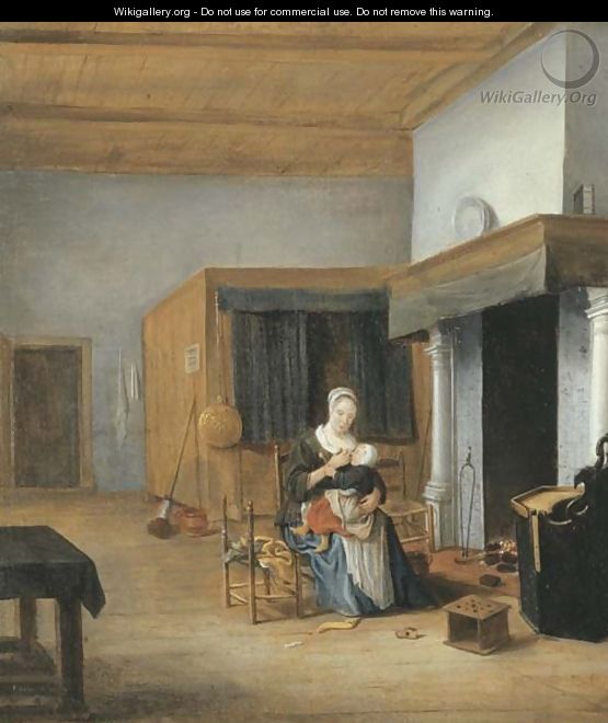 An interior with a woman seated by the fire holding a child upon her lap - Franciscus Carree