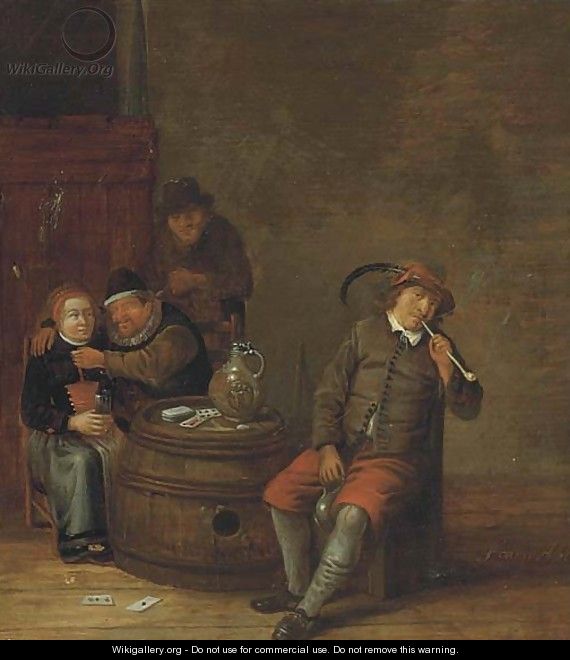 Boors smoking and drinking in an interior - Franciscus Carree