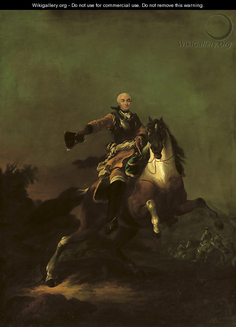 A soldier, said to be Hermann Moritz, Count of Saxony (1696-1750), in armour and ochre coat, on a rearing horse in a hilly landscape, cavalry beyond - Francesco Giuseppe Casanova
