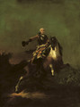 A soldier, said to be Hermann Moritz, Count of Saxony (1696-1750), in armour and ochre coat, on a rearing horse in a hilly landscape, cavalry beyond - Francesco Giuseppe Casanova