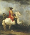 A cavalier in a yellow coat with a red cloak and plumed hat on a grey, a cavalry troop beyond - Francesco Giuseppe Casanova