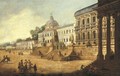 An architectural capriccio of classical buildings with horsemen and other figures - Francesco Battaglioli