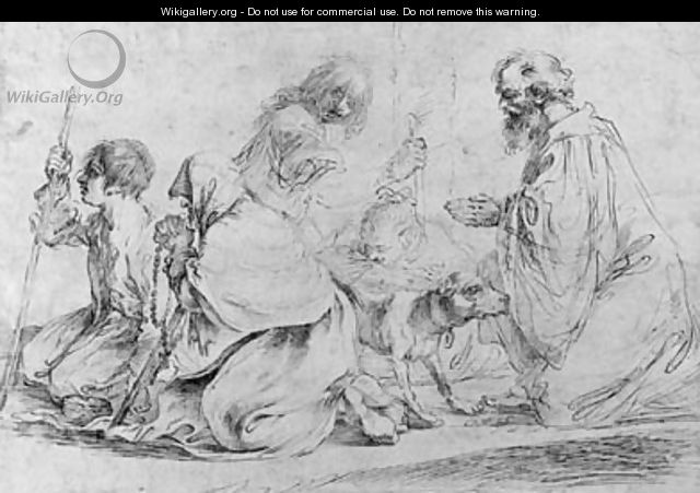 Two figures praying with beggars and a dog, after Guercino - Francesco Bartolozzi