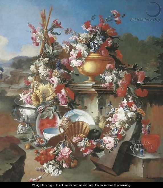 Roses, narcissi, carnations, tulips and other flowers in an urn - Francesco Lavagna