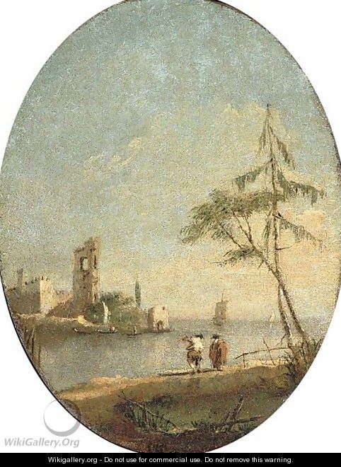 A capriccio of the Venetian lagoon with figures by the shore - Francesco Guardi