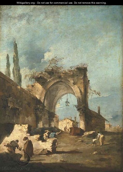 A capriccio of buildings on the laguna with figures by a ruined arch - Francesco Guardi