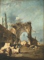 A capriccio of buildings on the laguna with figures by a ruined arch - Francesco Guardi
