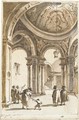 Figures in a loggia below an elaborately stuccoed cupola, a courtyard beyond - Francesco Guardi