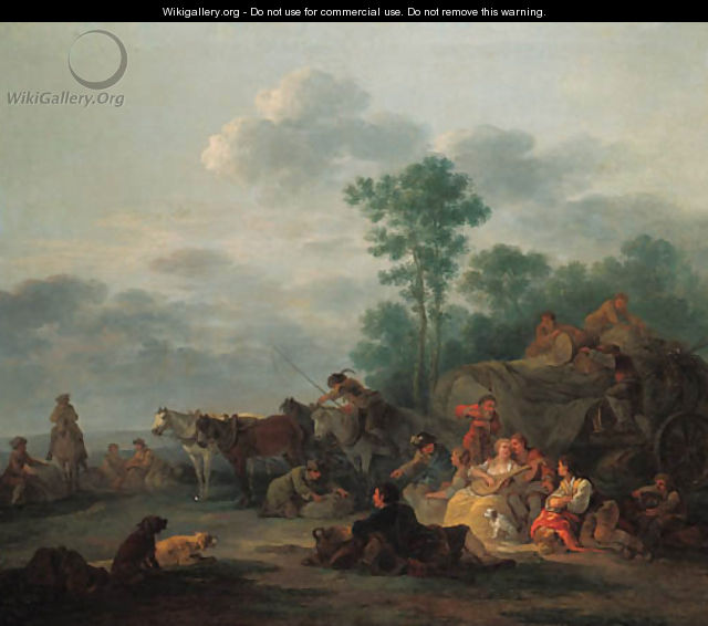 Travellers resting, with a couple making music in a landscape - Francesco Giuseppe Casanova