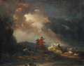 A stormy landscape with a horseman and a woman riding an ox, by a river - Francesco Giuseppe Casanova