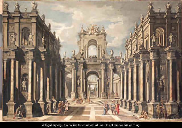 An architectual fantasy with classical figures conversing and contemporary spectators above - Francesco Galli, Il Bibiena