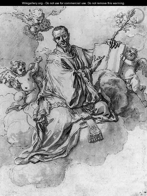 Saint Francis Xavier on Clouds holding a Lily and a Book with Putti - Francesco Solimena