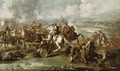 A cavalry skirmish on a riverbank, a city beyond - Francesco Simonini
