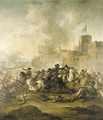 A cavalry battle outside a castle, a town beyond - Francesco Simonini