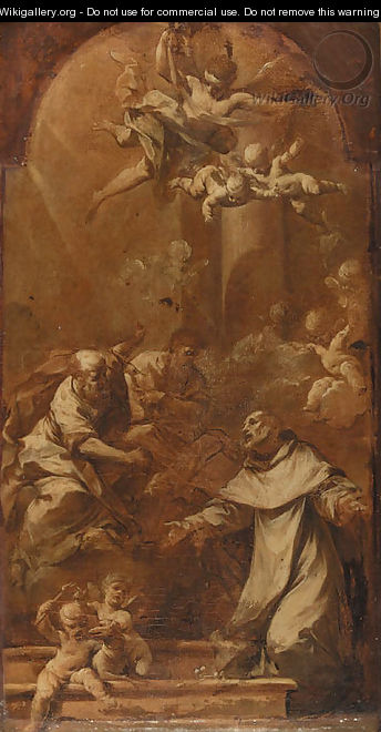 Saints Peter and Paul appearing to Saint Dominic, a modello, en grisaille, painted arched top - Francesco Monti