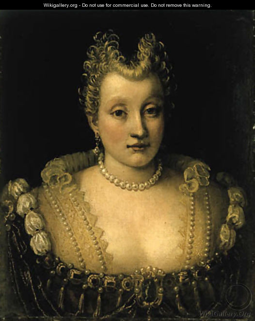 Portrait of a lady, said to be of the Contarini family, bust-length, in an elaborate dress with jewels and a pearl necklace and earrings - Francesco Montemezzano