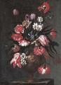 Tulips, carnations, daffodils and other flowers in a sculpted vase - Francesco Mantovano