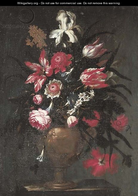Irises, tulips, roses and other flowers in a sculpted vase - Francesco Mantovano