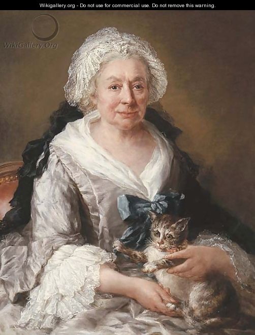 Portrait of an old lady, seated half-length, in a lilac satin dress with embroidered cuffs and head-dress and a blue ribbon, a cat on her lap - Francesco Zuccarelli