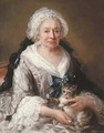 Portrait of an old lady, seated half-length, in a lilac satin dress with embroidered cuffs and head-dress and a blue ribbon, a cat on her lap - Francesco Zuccarelli