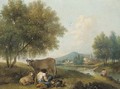 A wooded river landscape with herdsmen and cattle, a town beyond - Francesco Zuccarelli